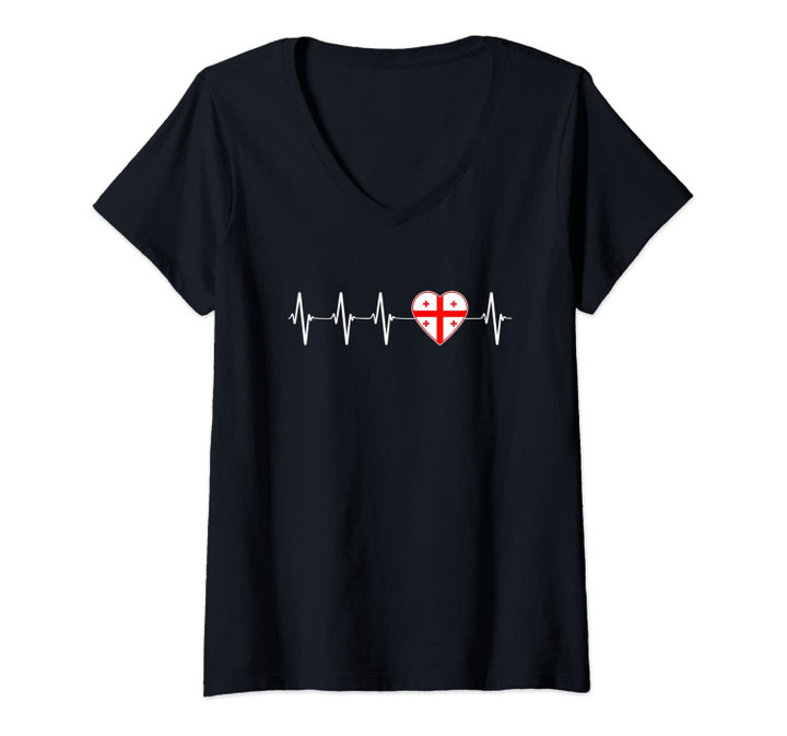 Womens Georgian Heartbeat I Love Georgia Flag Country Gift V-Neck T-Shirt