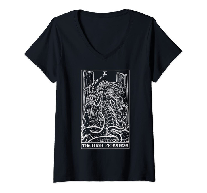 Womens The High Priestess Tarot Card Medusa Greek Horror Halloween V-Neck T-Shirt