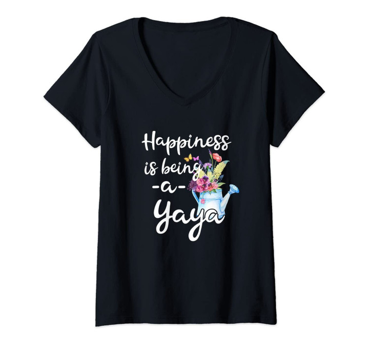 Womens Grandma Quote Happiness Is Being A Yaya Floral Gift V-Neck T-Shirt
