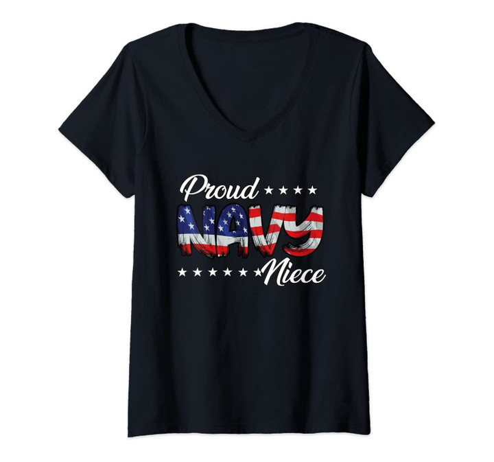 Womens Us Flag Bold Proud Navy Niece V-Neck T-Shirt