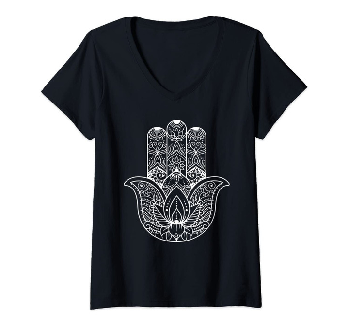 Womens Hamsa Hand Eye Symbol Amulet Spiritual Yoga Meditation Gift V-Neck T-Shirt