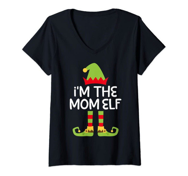 Womens I'm The Mom Elf T-Shirt Matching Christmas Costume Shirt V-Neck T-Shirt