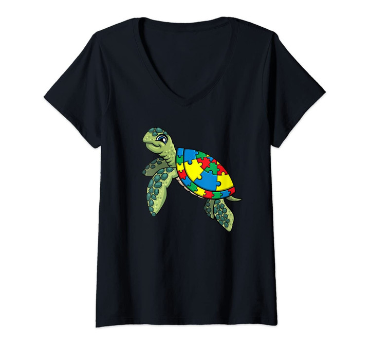 Womens Turtle Puzzle Pieces For Autism Awareness Kids Women Teacher V-Neck T-Shirt
