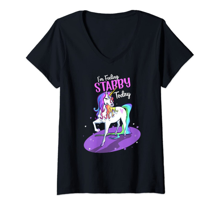Womens I'm Feeling Stabby Today - Snarky Funny Unicorn V-Neck T-Shirt
