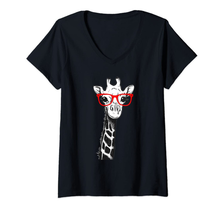 Womens Giraffe With Red Glasses Gift For Zoo Animal Lovers V-Neck T-Shirt