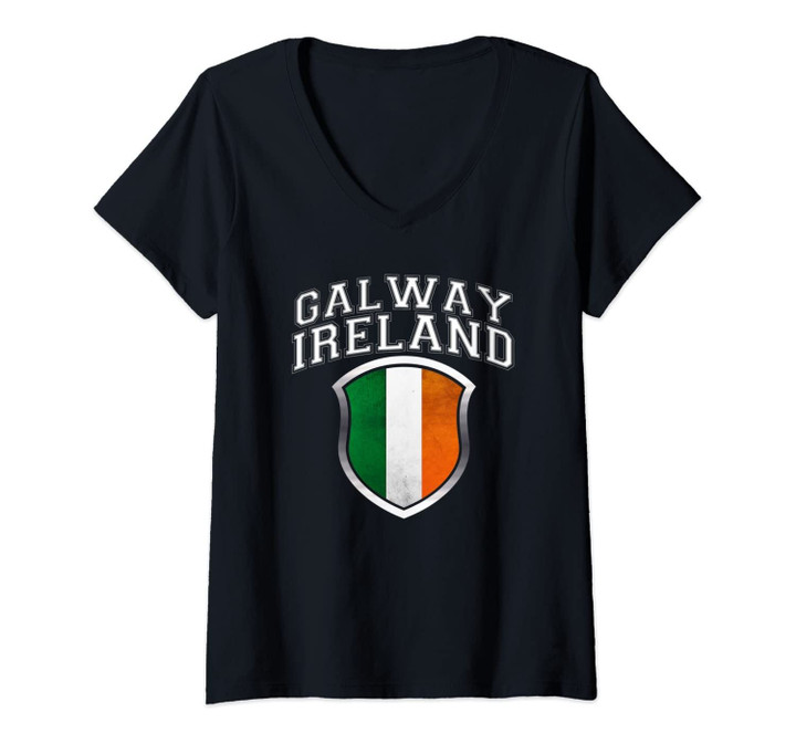 Womens Galway Ireland With Irish Flag Crest V-Neck T-Shirt