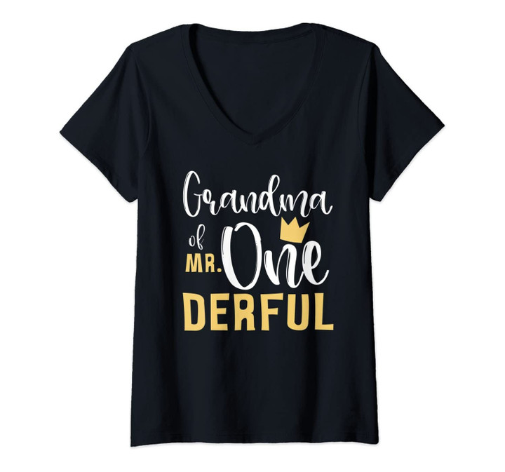 Womens Grandma Of Mr Onederful 1st Birthday First One-Derful Party V-Neck T-Shirt