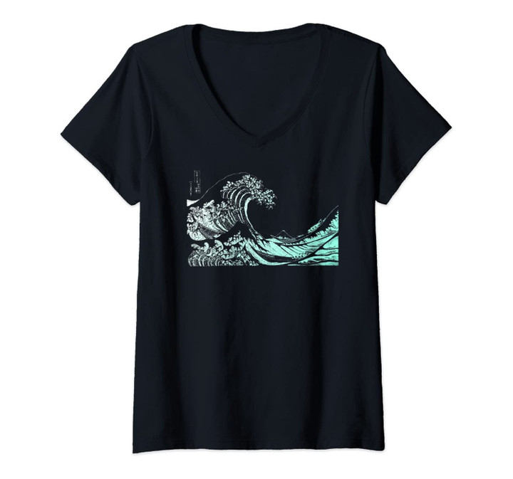 Womens Great Ocean Wave Famous Vintage Art Stylish Gradient Design V-Neck T-Shirt