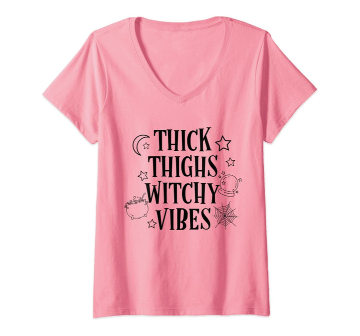 Womens Thick Thighs Witchy Vibes Funny Halloween V-Neck T-Shirt