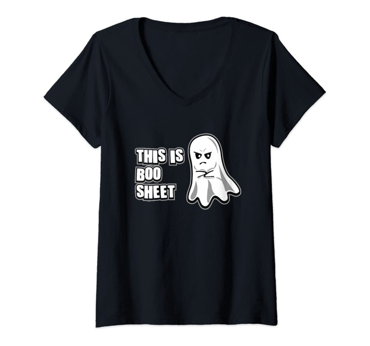 Womens This Is Boo Sheet Disapproving Ghost Funny Halloween Costume V-Neck T-Shirt