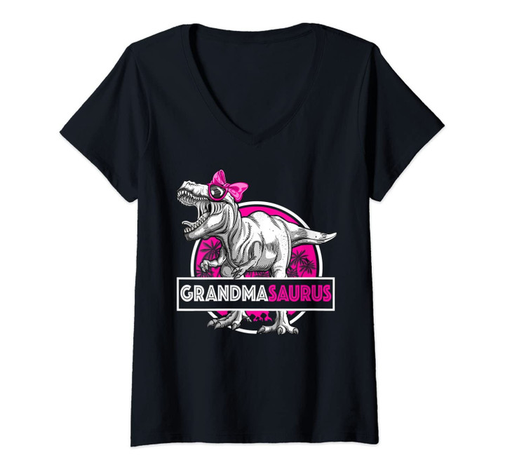 Womens Grandmasaurus T-Rex Shirt Funny Grandma Saurus Dinosaur V-Neck T-Shirt