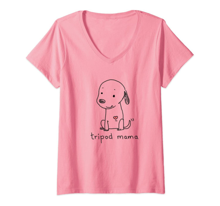 Womens Tripod Dog, Dog Mom, Cute Cartoon Dog, Three Legged Dog V-Neck T-Shirt