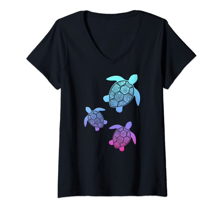 Womens Hawaiian Sea Turtle Honu Wisdom Floral Graphic V-Neck T-Shirt