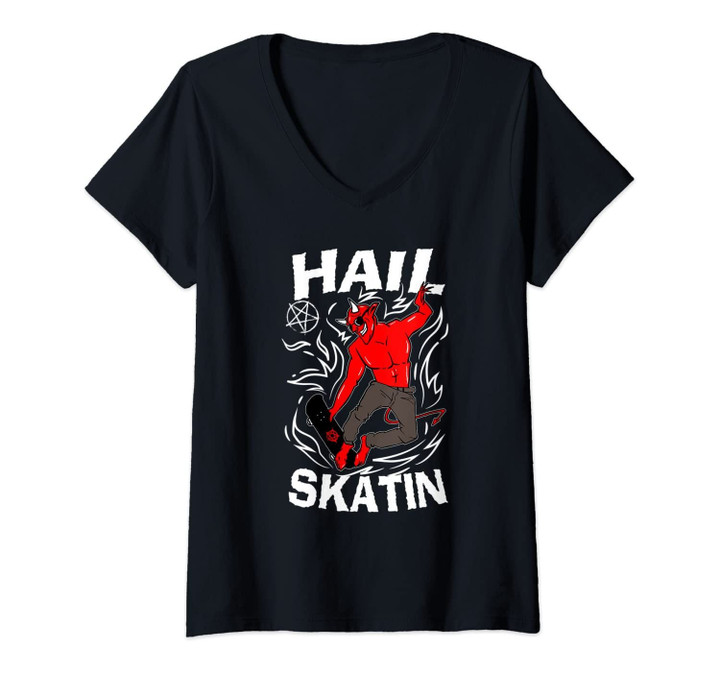 Womens Hail Skatin Occult Satanic Pentagram 666 Satan Skateboarding V-Neck T-Shirt