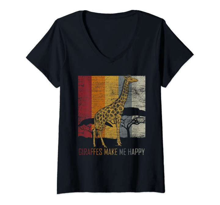 Womens Giraffes Make Me Happy - Zoo Keeper Animal Gifts Giraffe V-Neck T-Shirt