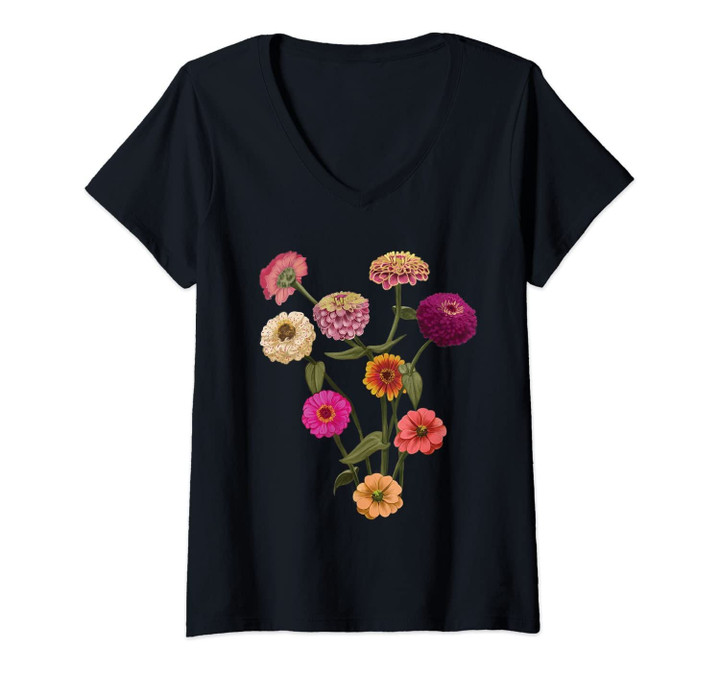 Womens Happy Zinnia Wildflowers, Handpainted Style Graphic Design V-Neck T-Shirt