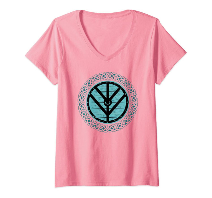 Womens Viking Shield Maiden Teal Shield And With Norse Knot Work V-Neck T-Shirt