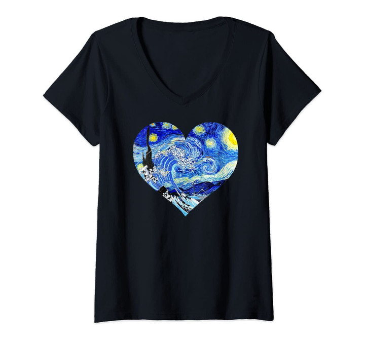 Womens The Great Starry Night Wave Famous Art Van Gogh Heart Design V-Neck T-Shirt