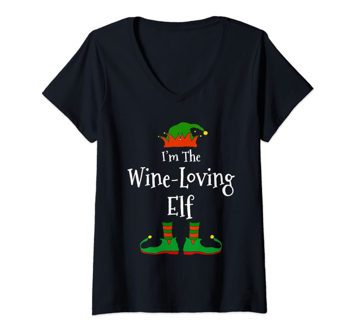 Womens I'm The Wine Loving Elf Family Matching Funny Christmas Gift V-Neck T-Shirt