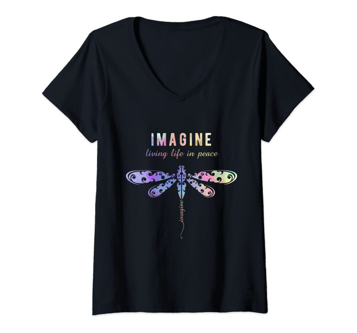 Womens Imagine Boho Dragonfly Tee, 60s 70s Retro Groovy Hippy Vibes V-Neck T-Shirt