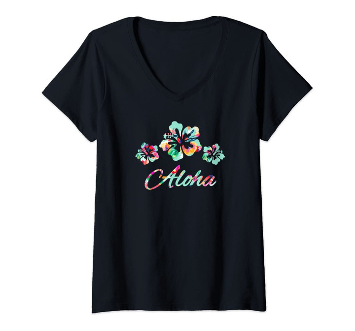 Womens Hawaii Aloha Hawaiian Hibiscus Flowers V-Neck T-Shirt