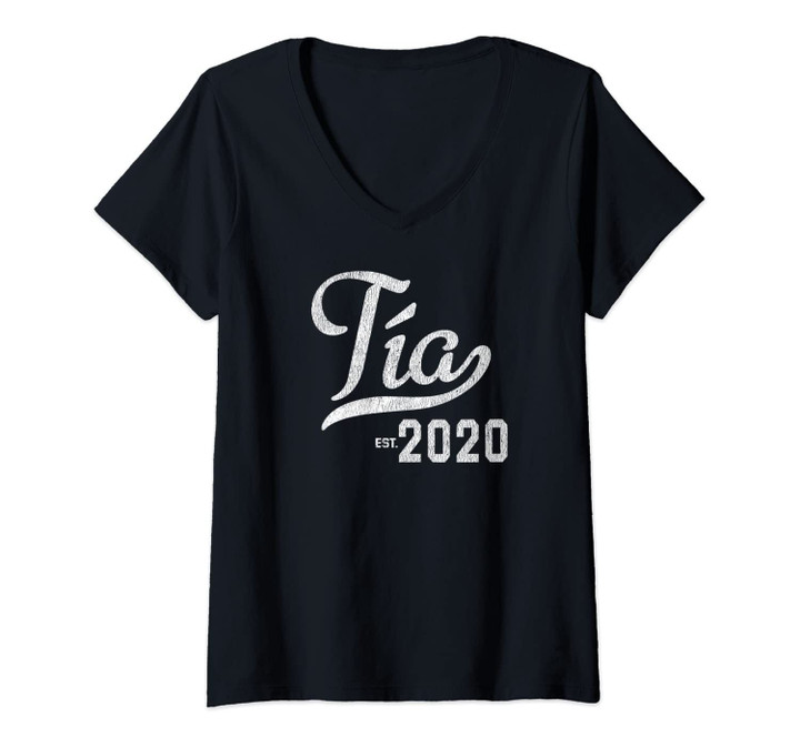 Womens Tia 2020 Hispanic Latino Aunt Baby Announcement Gift V-Neck T-Shirt
