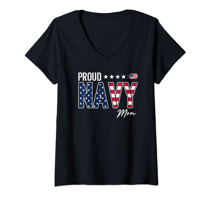 Womens Us Flag Proud Navy Mom V-Neck T-Shirt