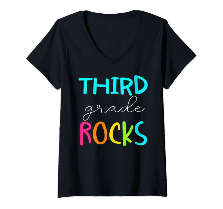 Womens Third Grade Rocks Shirt Team 3rd Grade Teacher V-Neck T-Shirt
