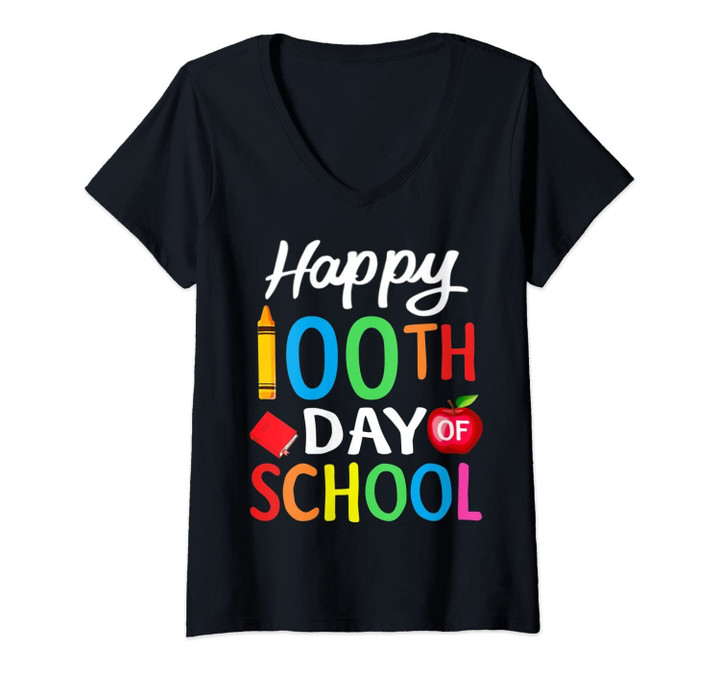 Womens Happy 100th Day Of School Shirt For Teacher Or Child V-Neck T-Shirt
