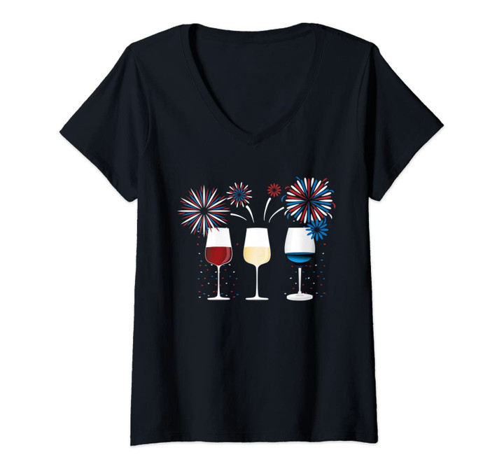 Womens Funny Wine Glass T-Shirt Red White And Blue Firework Shirt V-Neck T-Shirt