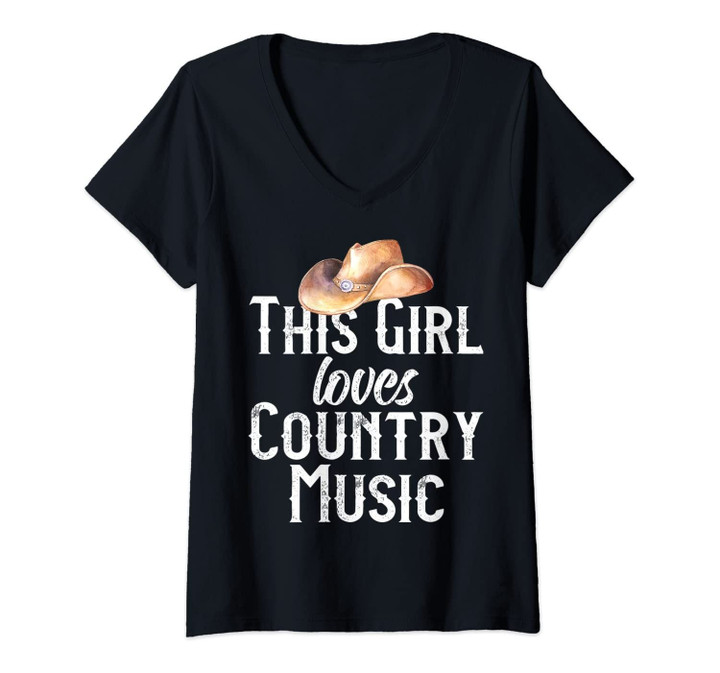 Womens This Girl Loves Country Music Lover Line Dancing Cowboy Hat V-Neck T-Shirt