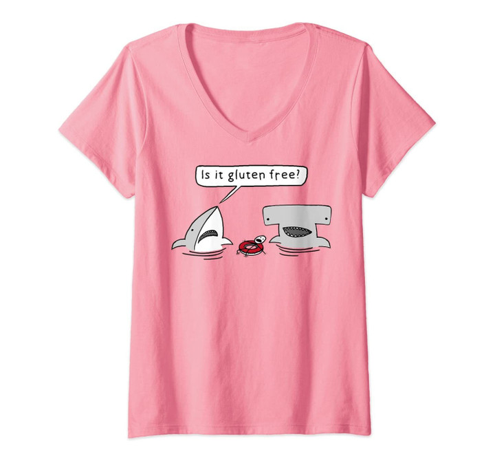 Womens Is It Gluten Free Two Sharks Graphic V-Neck T-Shirt