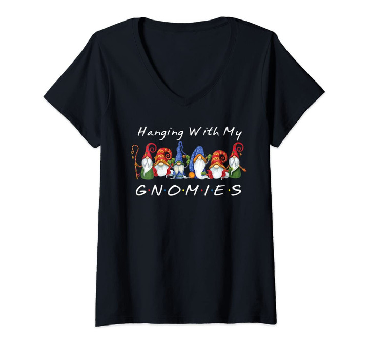 Womens Hanging With My Gnomies Funny Friend Gnome Christmas Lovers V-Neck T-Shirt
