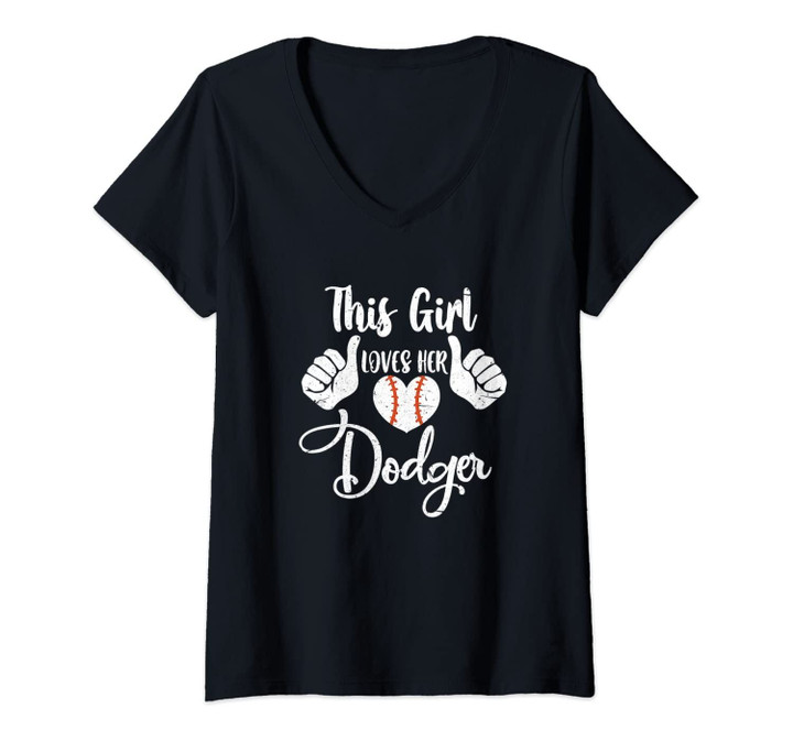 Womens This Girls Loves Her Dodger Baseball Sport Casual Design V-Neck T-Shirt