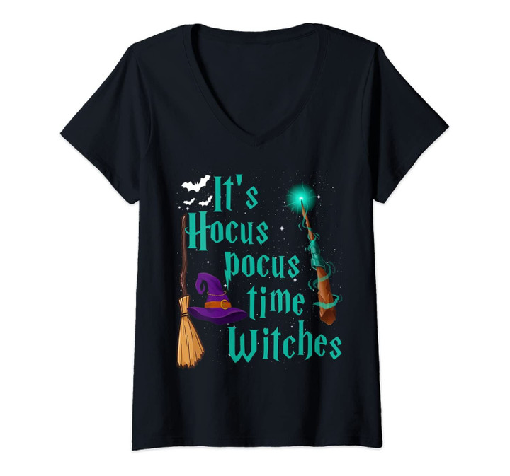 Womens It's Hocus Pocus Time Witches Wand Funny Halloween Costume V-Neck T-Shirt