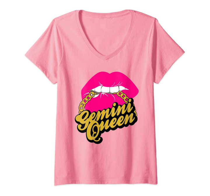 Womens Gemini Queen Birthday Chain Lip Biting Gemini Queen Birthday V-Neck T-Shirt
