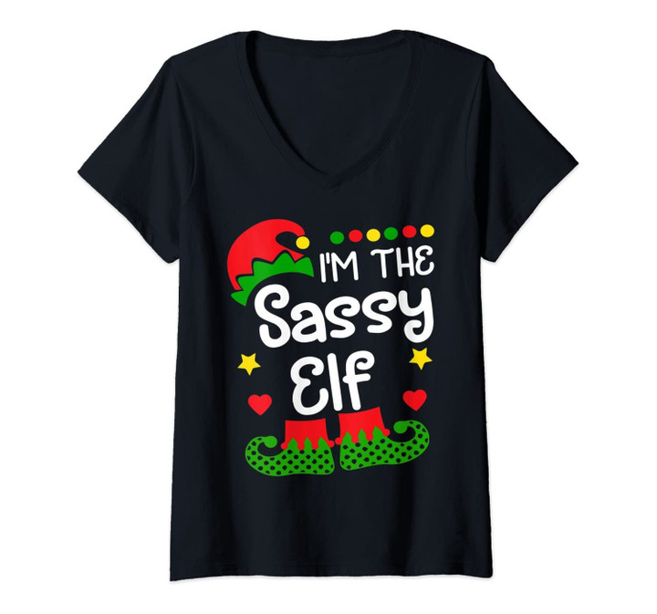 Womens I'm The Sassy Elf Shirt Christmas Family Elf Costume Tee V-Neck T-Shirt
