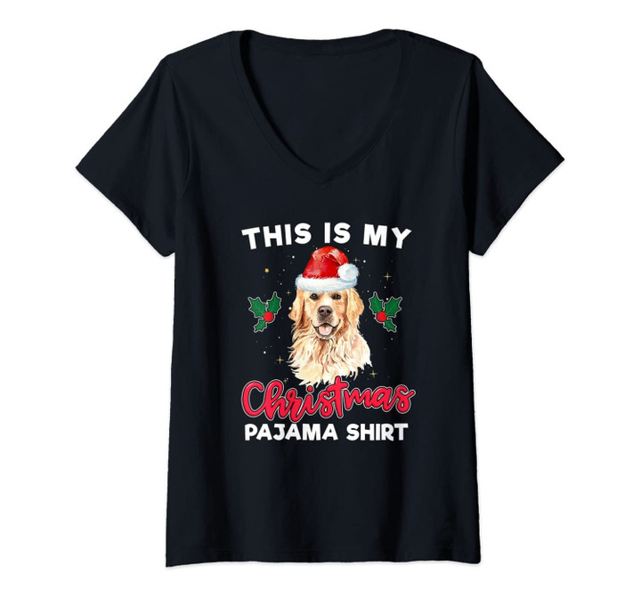 Womens Golden Retriever Christmas Pajama Santa Dog Lover Gift V-Neck T-Shirt