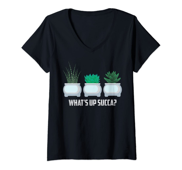 Womens Funny What's Up Succa? Cactus Gift Design For Plant Lovers V-Neck T-Shirt