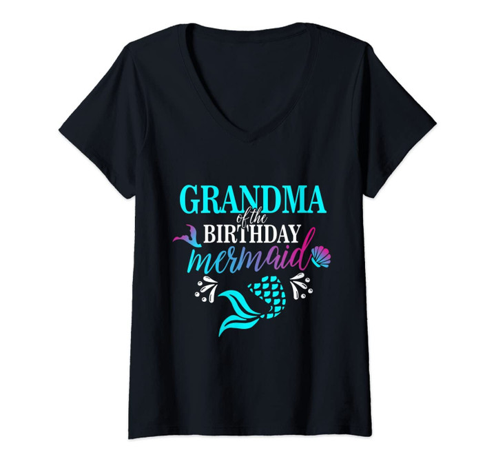Womens Grandma Of The Birthday Mermaid Matching Family V-Neck T-Shirt