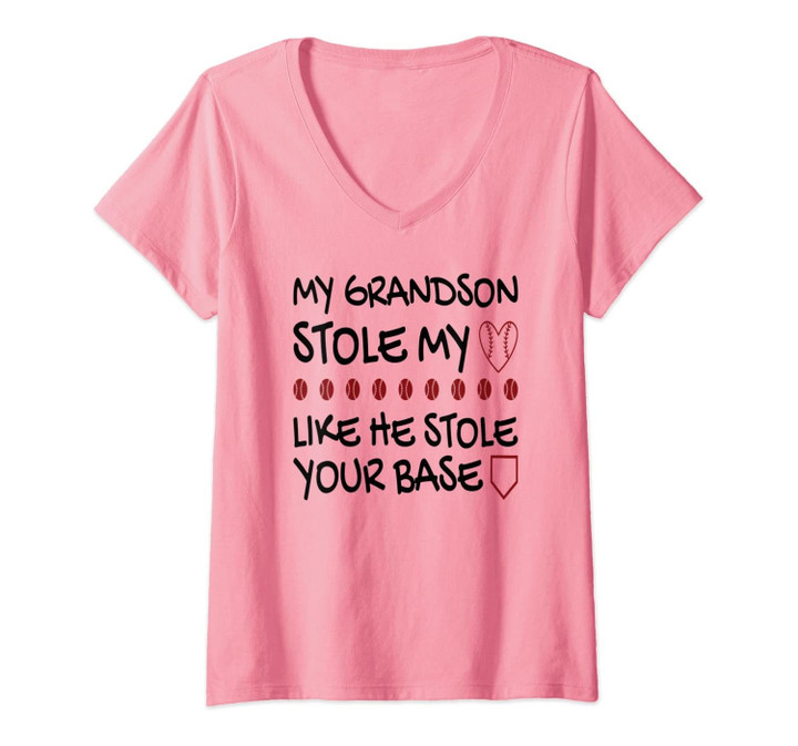 Womens Grandson Stole My Heart Funny Baseball Grandma V-Neck T-Shirt