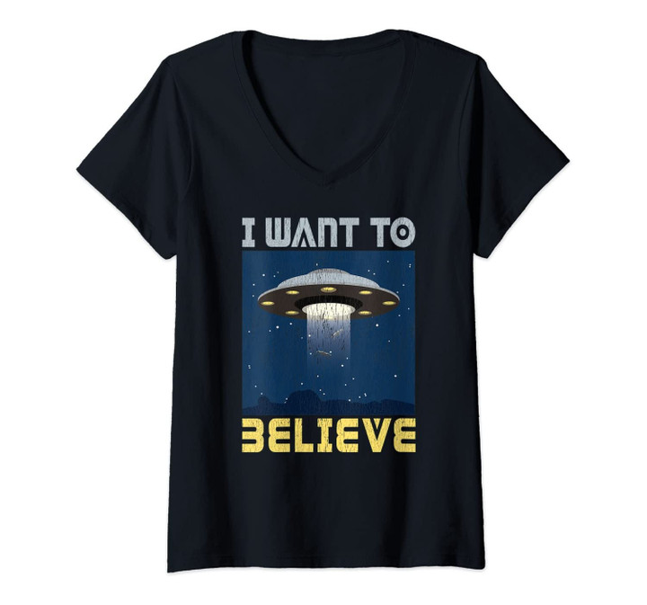 Womens I Want To Believe Ufo Cool Sci-Fi Gift V-Neck T-Shirt