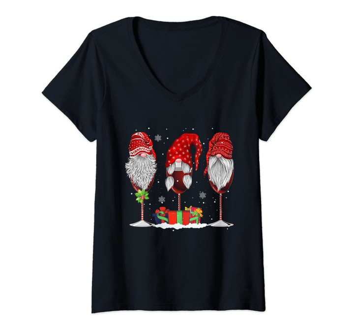 Womens Three Glasses Of Wines Christmas Gnomes Funny Holiday Gifts V-Neck T-Shirt