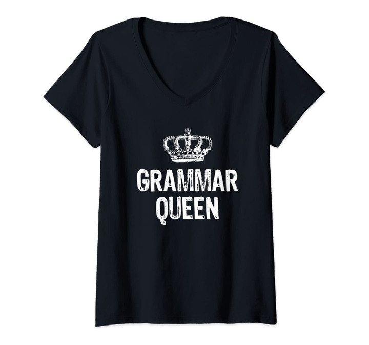 Womens Grammar Queen Funny Gift Christmas V-Neck T-Shirt