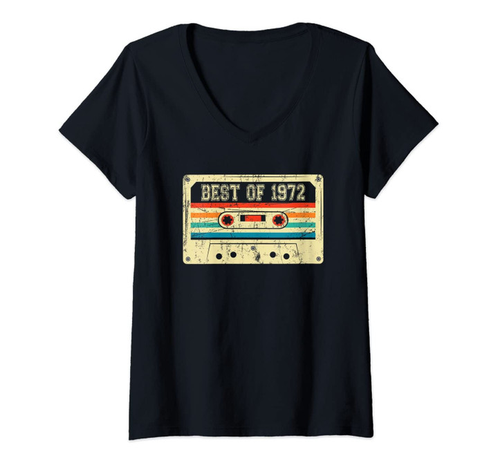 Womens Vintage Best Of 1972 48th Birthday Gifts Retro Cassette Tape V-Neck T-Shirt