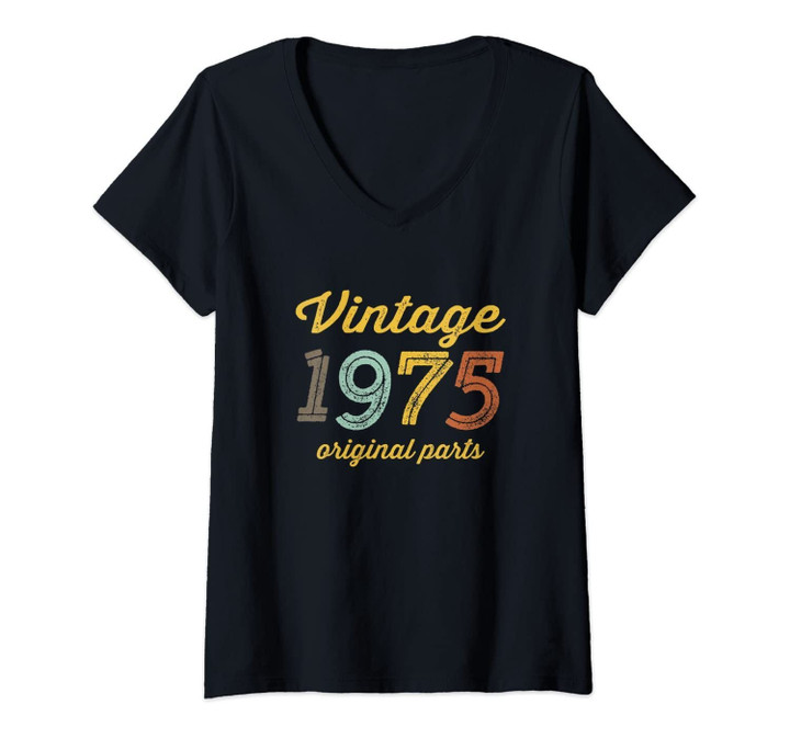 Womens Vintage 1975 Original Parts Birthday Italic V-Neck T-Shirt