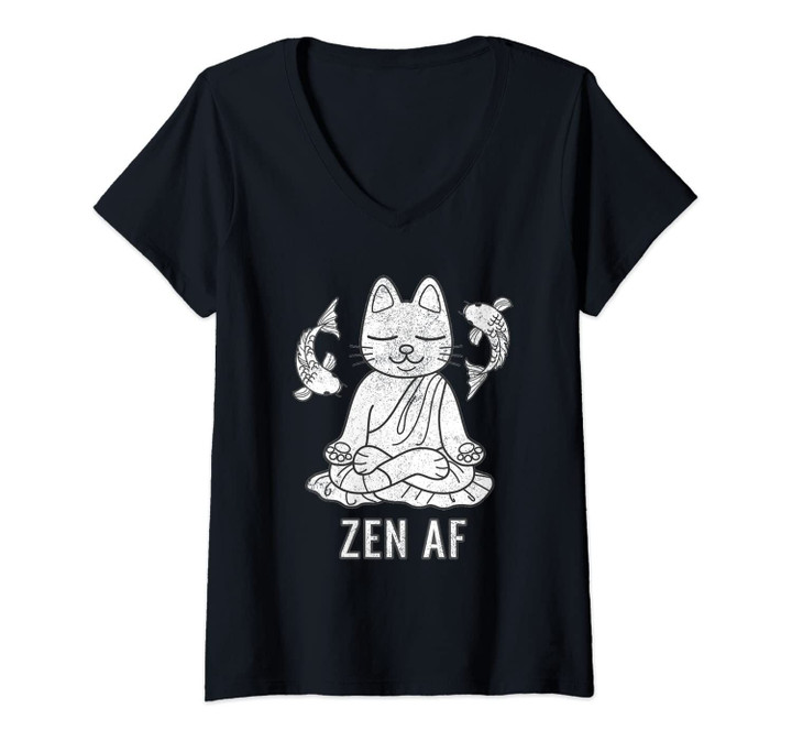 Womens Zen Af Funny Meditating Cat Spiritual Yoga Gift For Women V-Neck T-Shirt