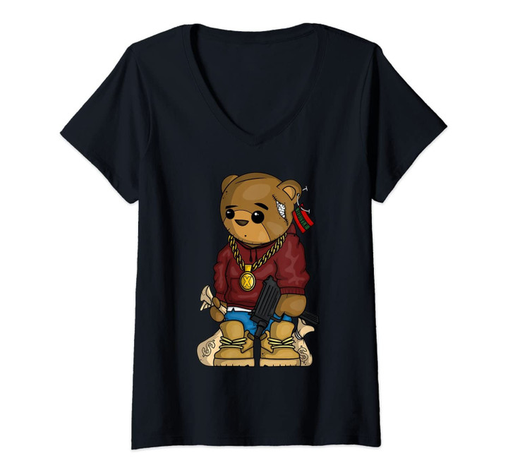 Womens Hip Hop Teddy Bear With Gun Get Money Rap Music Lover Gift V-Neck T-Shirt