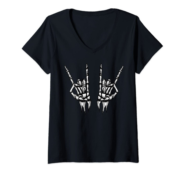 Womens Skeleton Hands Rock N Roll Rocker Funny Halloween V-Neck T-Shirt