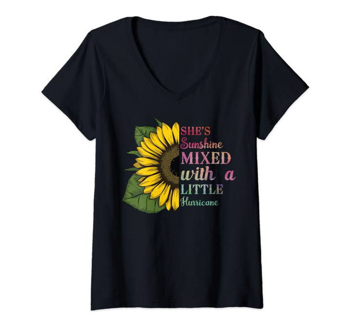 Womens She Is Sunshine Mixed With A Little Hurricane Sunflower Art V-Neck T-Shirt